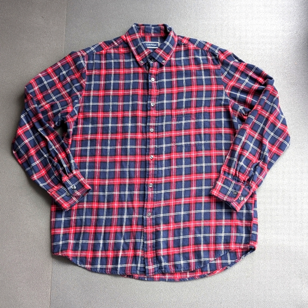 Club Room Flannel 100% cotton red navy blue plaid tartan long sleeve collared